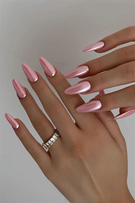 Woman Pink Chrome Nails Design