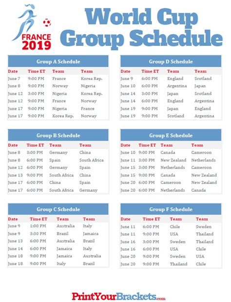 Women's World Cup Printable Schedule