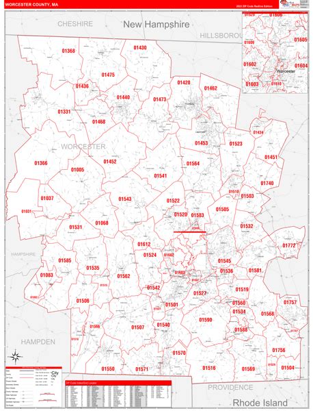 Worcester County, MA Zip Code Wall Map Red Line Style by MarketMAPS