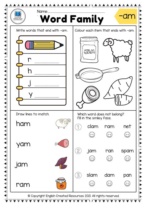 Word Family Am Worksheets