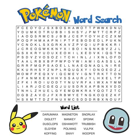 Word Search Pokemon Printable
