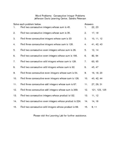 Word Problems: Consecutive Integer Problems 5th - 6th Grade Lesson Plan
