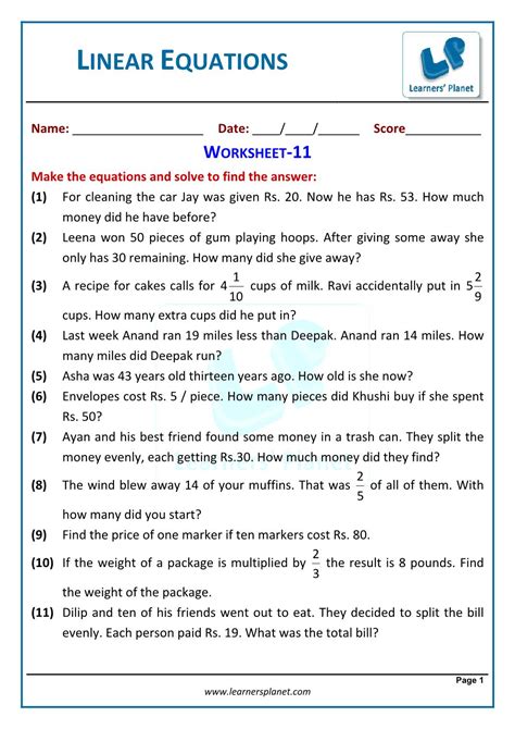 Word Problems Linear Functions Worksheet