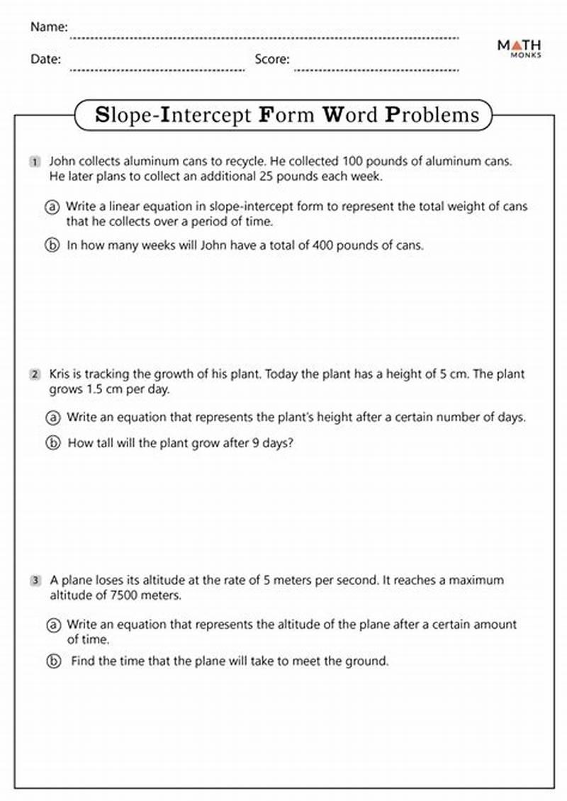 Word Problems Slope Intercept Form Worksheet