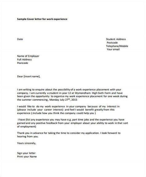 Work Experience Cover Letter Year 10 Student