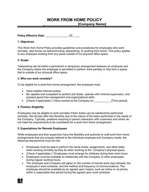 Working From Home Policy Template