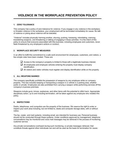 Workplace Violence Prevention Policy Template