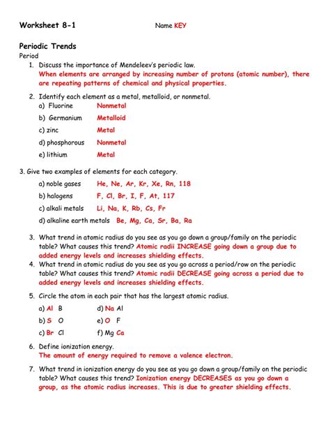 Worksheet On Periodic Trends With Answers