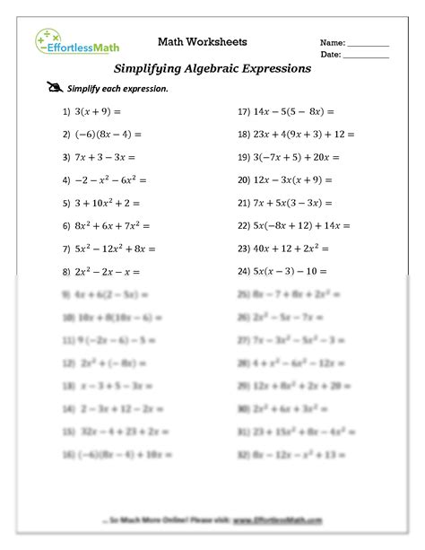 Worksheet Simplifying Algebraic Expressions