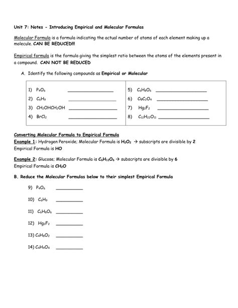 Worksheet: Empirical and Molecular Formulas