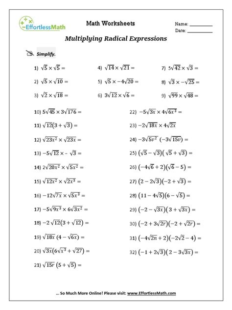 Worksheet: Radicals - Simplify using Add, Sub, Multiply, Divide