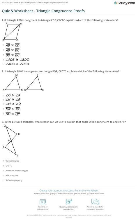 Worksheet: Triangle Congruence Proofs - CPCTC - Corresponding Parts