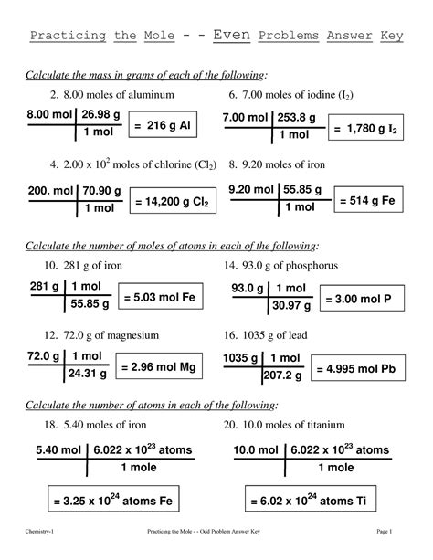 Worksheet Mole Problems Answers