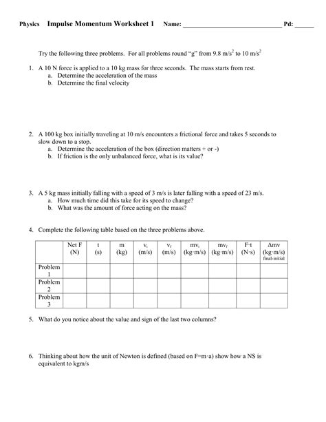 Worksheet Momentum And Impulse