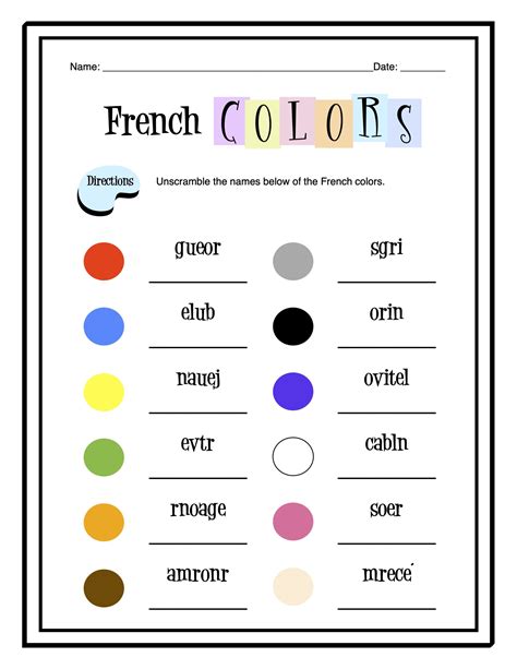 Worksheet On Colours In French