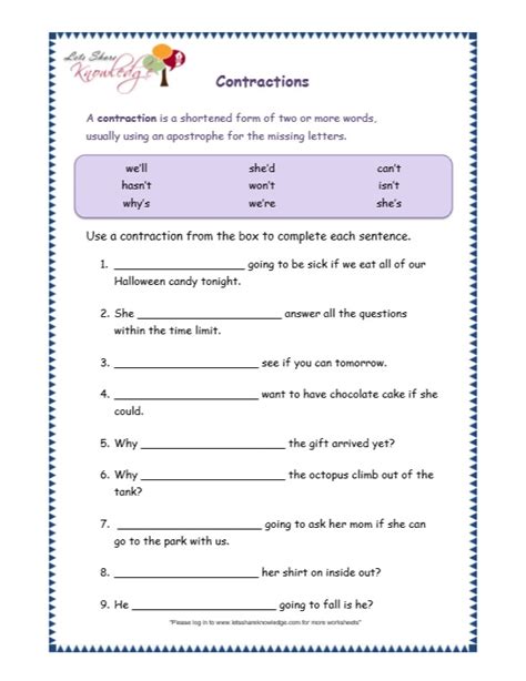 Worksheet On Contractions For Grade 3