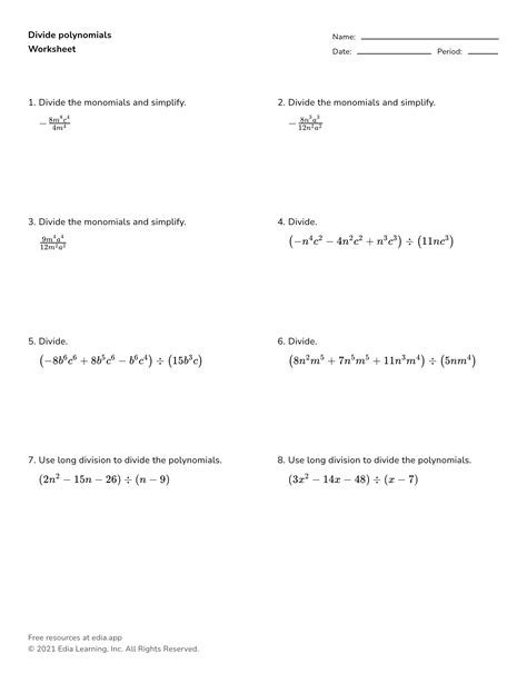 Worksheet On Dividing Polynomials