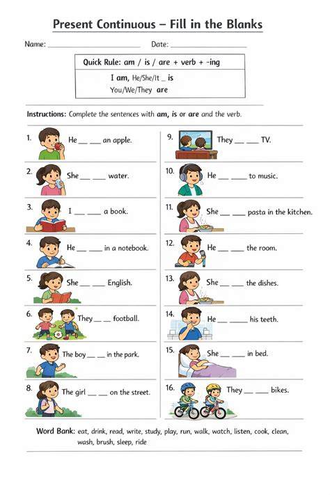 Worksheet On Present Continuous Tense – Free Printable Practice Sheets