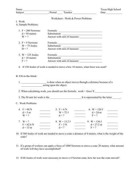 Worksheet On Work And Power Problems