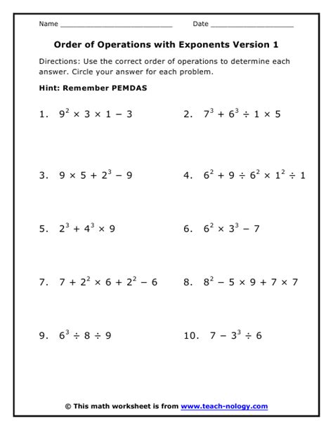 Worksheet Order Of Operations With Exponents