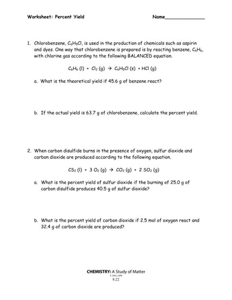 Worksheet Percent Yield