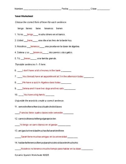 Worksheet Tener Answers