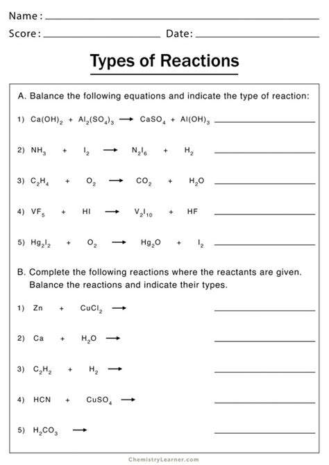 Worksheet Types Of Reactions
