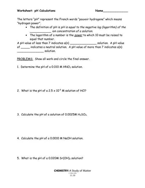 Worksheet Ph Calculations