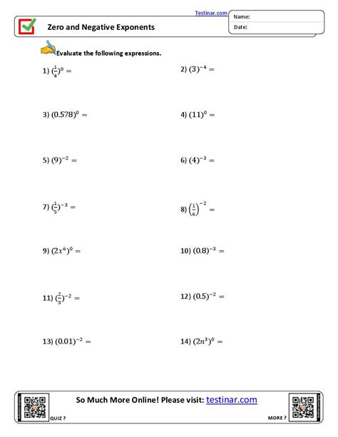Worksheets for negative and zero exponents