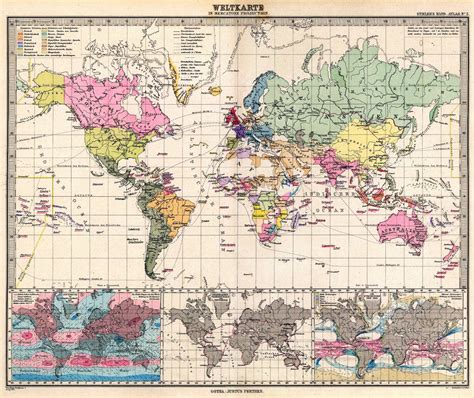 Old world map from the 19th century with indication of the various
