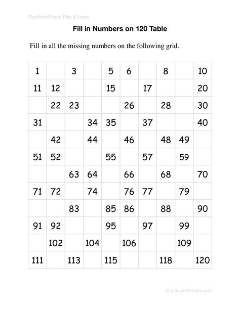 Write The Missing Number 120 Worksheet