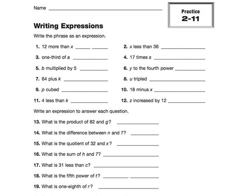Writing Math Expressions Worksheets