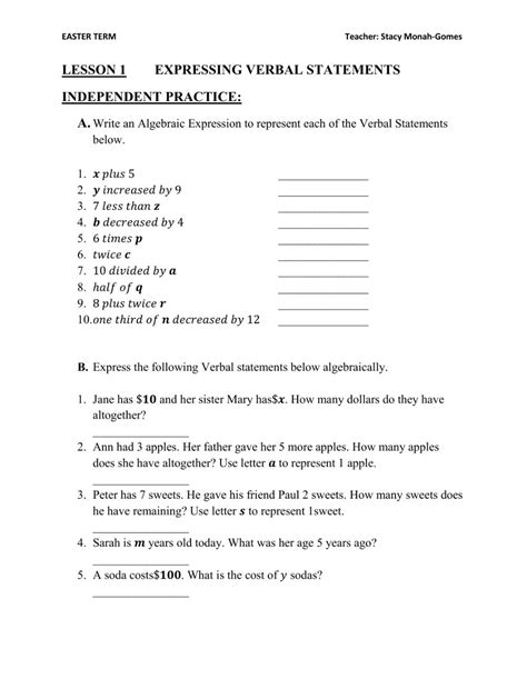 Writing Algebraic Expressions Worksheet Pdf Check more at https://www