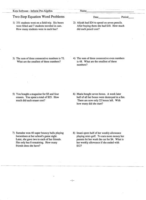 Writing Linear Equations From Word Problems Worksheet