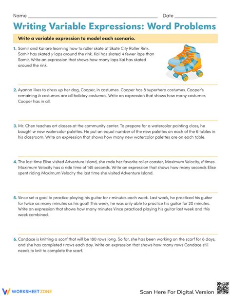 Writing Variable Expressions Worksheet