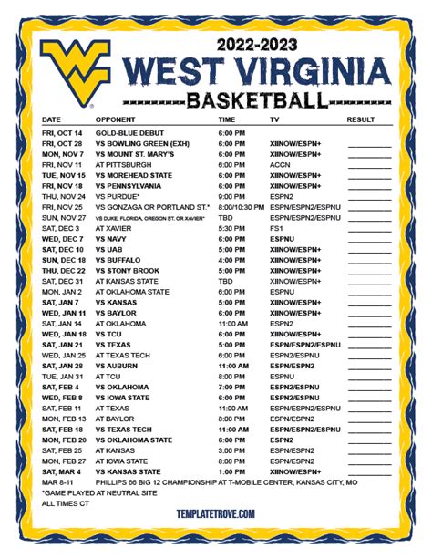 Wvu Basketball Schedule Printable