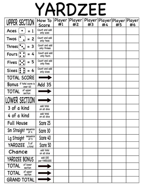 Yardzee Score Card Printable