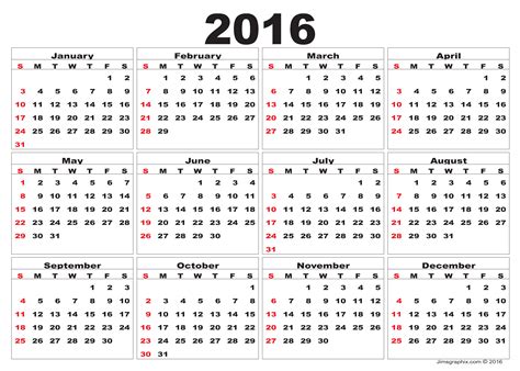 Year Calendar 2016