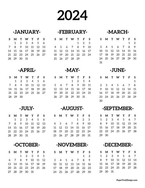 Yearly Calendar 2024 Printable One Page
