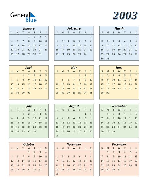 Yearly Calendar For 2003