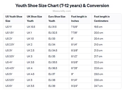 Youth Sizes Chart Shoes