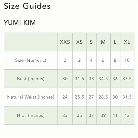 Yumi Kim Size Chart