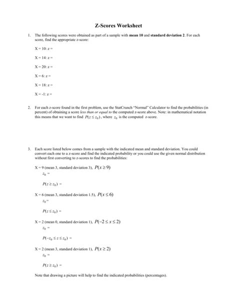 Z Score Practice Worksheet | Education Template