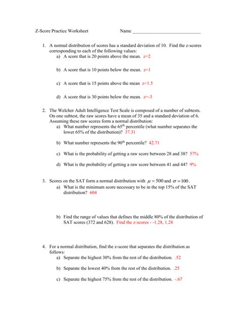 Z Score Practice Worksheet Answers