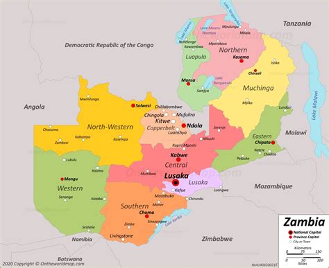 Карта Замбии с расстояниями между городами Map of Zambia with the