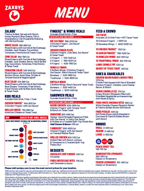 Zaxby's Printable Menu
