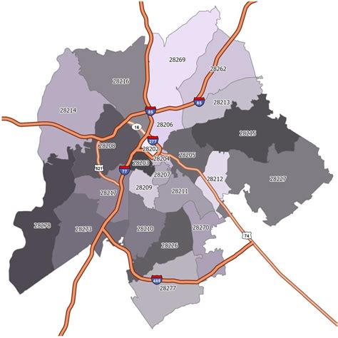 Charlotte Area Zip Code Map map of interstate
