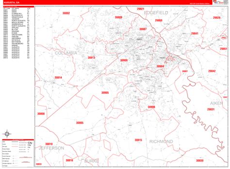 Augusta Zip Code Wall Map (Red Line Style) by MarketMAPS