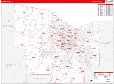 Monroe County, NY Zip Code Wall Map Red Line Style by MarketMAPS MapSales