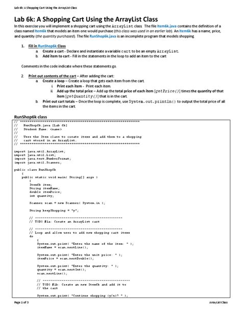 A Shopping Cart Using The Arraylist Class